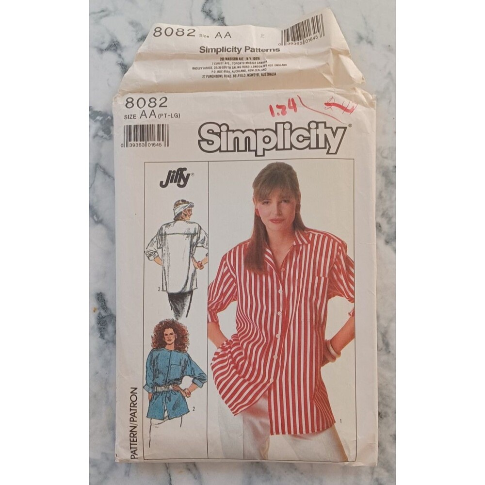 Simplicity Jiffy 8082 Uncut Shirt Top Pattern‎ size AA (PT-LG) Vtg 80s Button Up